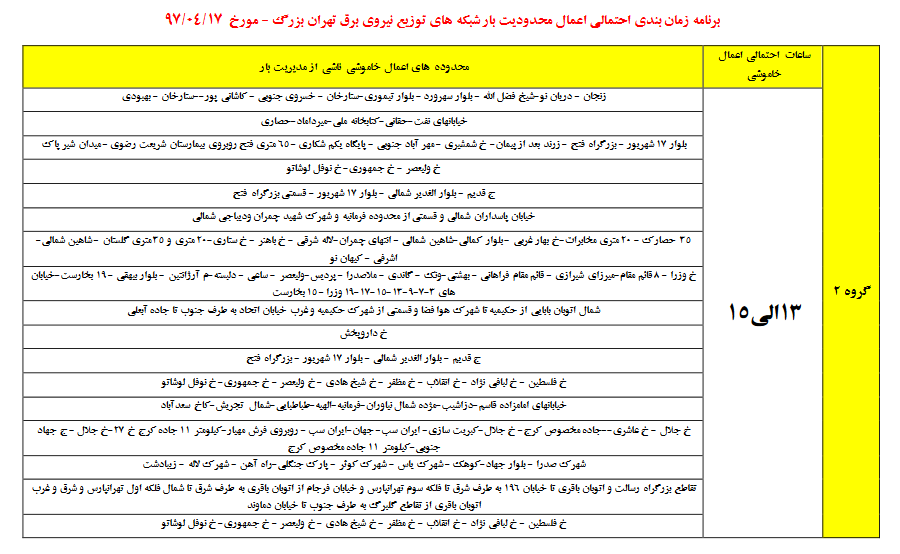 برنامه های خاموشی در تهران,جدول زمانبندی قطع برق در تهران,زمان احتمالی اعمال خاموشی در تهران